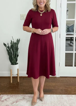 Elegant A Line Dress for Women with Round Neck Short Sleeve Fit and Flare Midi Casual Retro Style