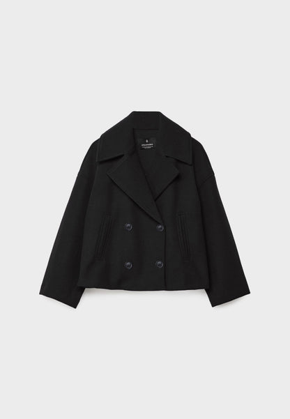 Elegant Wool Peacoat Jacket for Women with Notch Lapel Long Sleeve Double Breasted Cropped Oversized Style