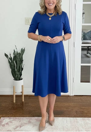 Elegant A Line Dress for Women with Round Neck Short Sleeve Fit and Flare Midi Casual Retro Style