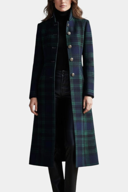 Elegant Green Plaid Wool Coat for Women with Stand Collar Long Sleeve Button Front Longline Style