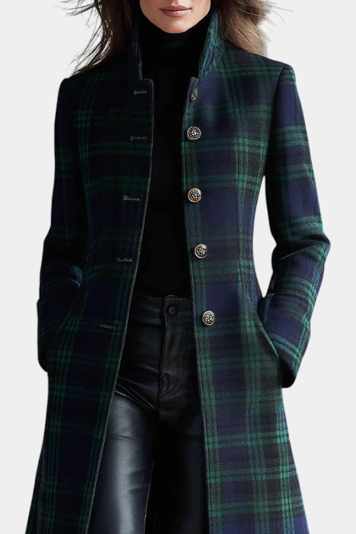 Elegant Green Plaid Wool Coat for Women with Stand Collar Long Sleeve Button Front Longline Style