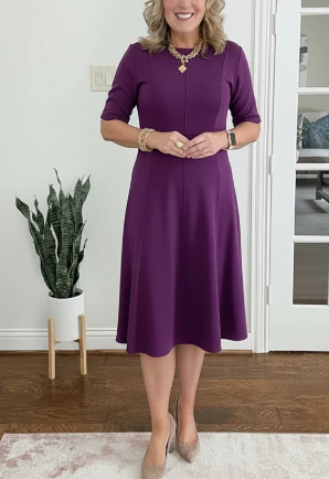 Elegant A Line Dress for Women with Round Neck Short Sleeve Fit and Flare Midi Casual Retro Style
