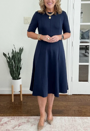 Elegant A Line Dress for Women with Round Neck Short Sleeve Fit and Flare Midi Casual Retro Style