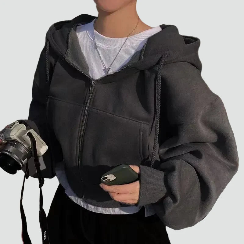 Comfortable Fleece Zip Up Hoodie for Women with Drawstring Hood Long Sleeve Cropped Oversized Casual Style