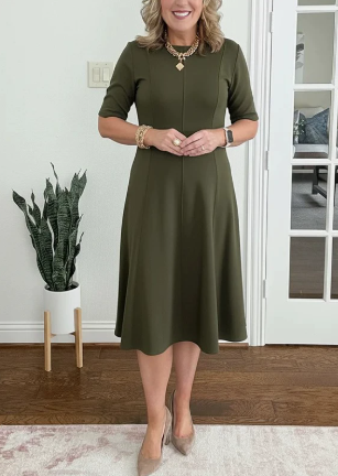 Elegant A Line Dress for Women with Round Neck Short Sleeve Fit and Flare Midi Casual Retro Style
