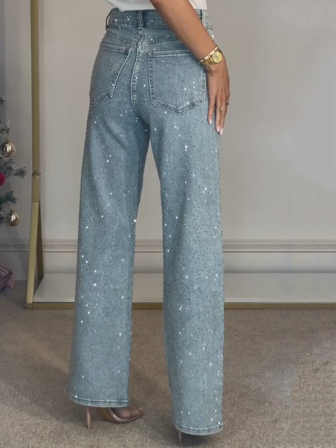 Elegant Blue Rhinestone Denim Jeans for Women with High Waist Wide Leg Sparkle Party Style