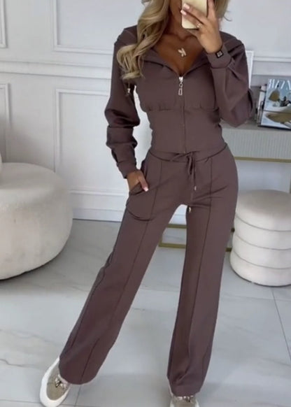 Effortless Fall Wide Leg Set for Women with Hooded Zip Front Cropped Jacket Two Piece Style