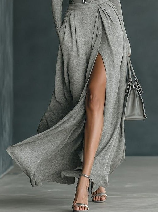 Elegant Grey Turtleneck Bodysuit and Grey High-Slit Maxi Skirt Set for Women with Long Sleeve Belted Draped Two Piece Style