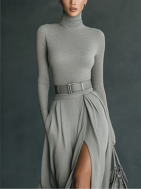 Elegant Grey Turtleneck Bodysuit and Grey High-Slit Maxi Skirt Set for Women with Long Sleeve Belted Draped Two Piece Style
