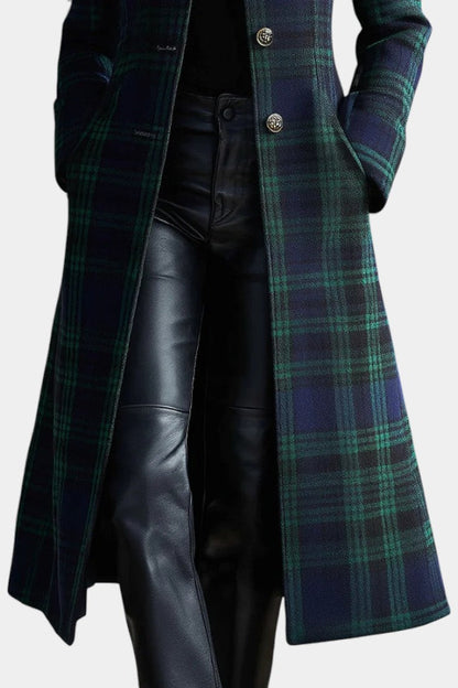 Elegant Green Plaid Wool Coat for Women with Stand Collar Long Sleeve Button Front Longline Style