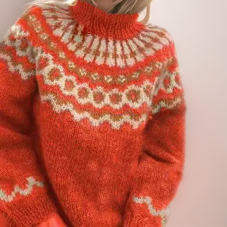 Comfortable Fair Isle Sweater for Women with High Neck Long Sleeve Relaxed Oversized Knit Style