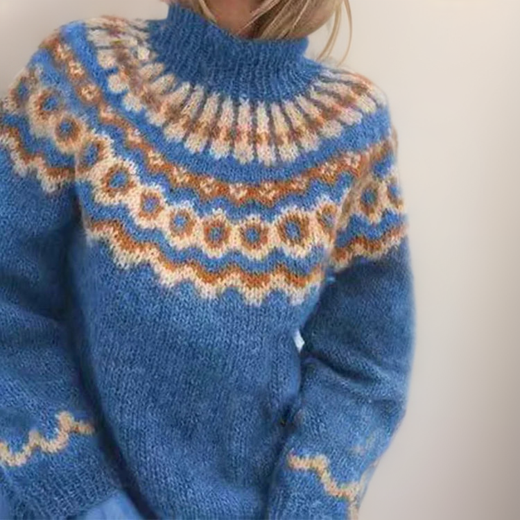 Comfortable Fair Isle Sweater for Women with High Neck Long Sleeve Relaxed Oversized Knit Style