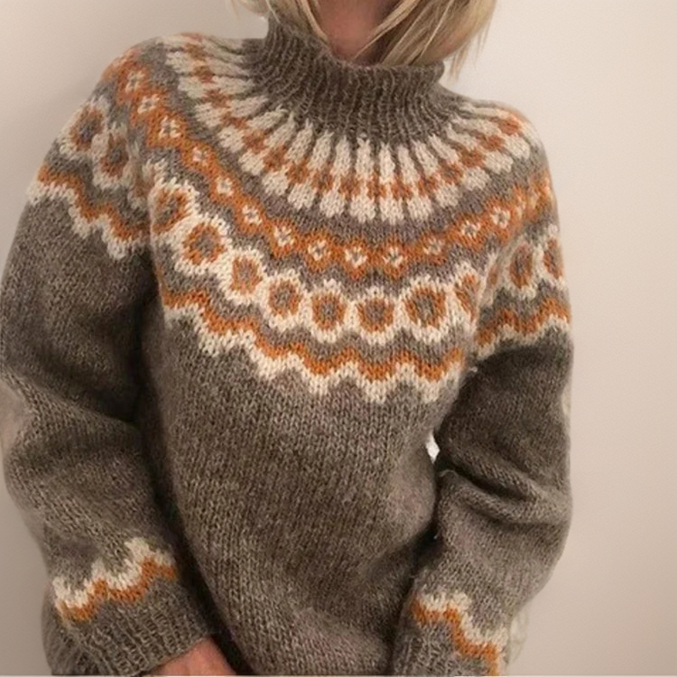 Comfortable Fair Isle Sweater for Women with High Neck Long Sleeve Relaxed Oversized Knit Style