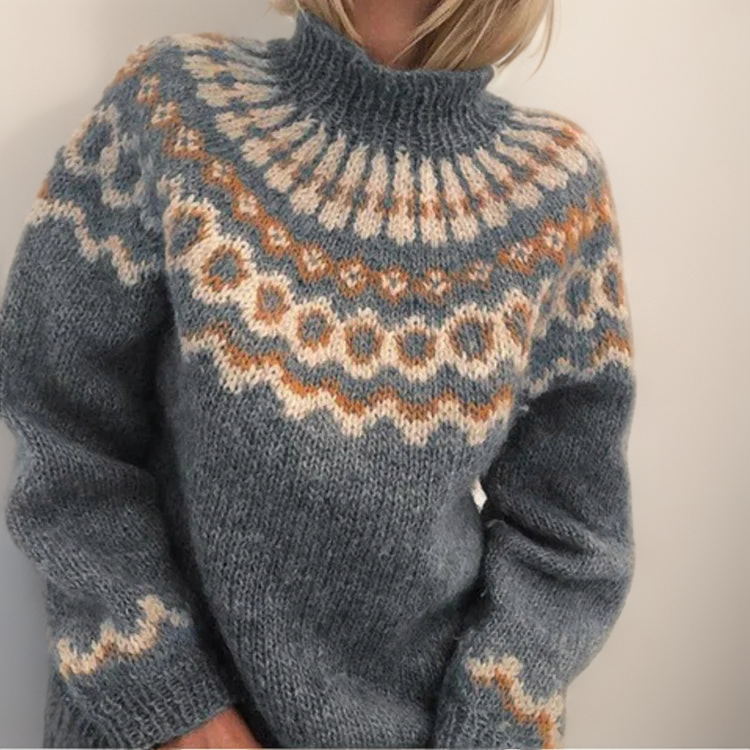 Comfortable Fair Isle Sweater for Women with High Neck Long Sleeve Relaxed Oversized Knit Style
