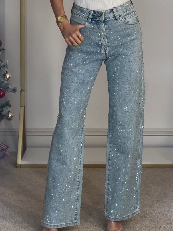 Elegant Blue Rhinestone Denim Jeans for Women with High Waist Wide Leg Sparkle Party Style