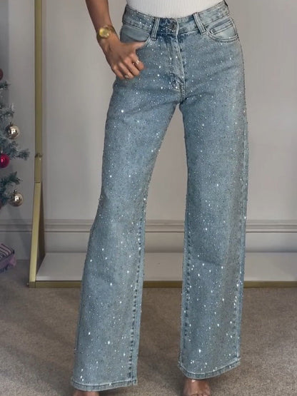 Elegant Blue Rhinestone Denim Jeans for Women with High Waist Wide Leg Sparkle Party Style
