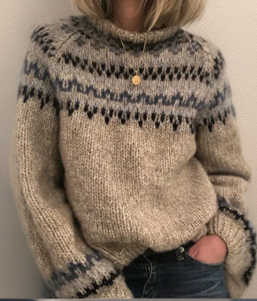 Comfortable Beige Fair Isle Sweater for Women with High Neck Long Sleeve Oversized Knit Style