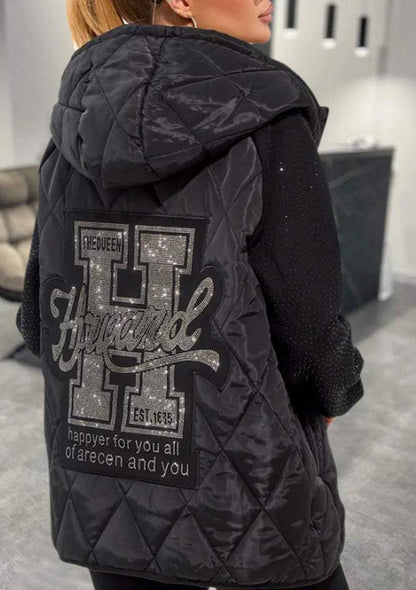 Elegant Black Quilted Jacket for Women with Hooded Long Sleeve Rhinestone Trim Oversized Casual Style