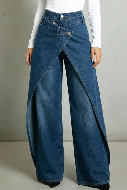 Effortless Wrap Front High Waisted Jeans for Women with Crossover Panel Wide Leg Relaxed Style