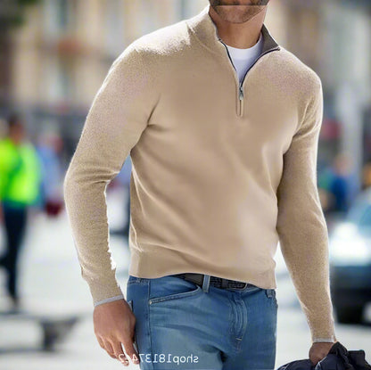 Cozy Knit Sweater for Men with Mock Neck Long Sleeve Quarter Zip Ribbed Classic Style