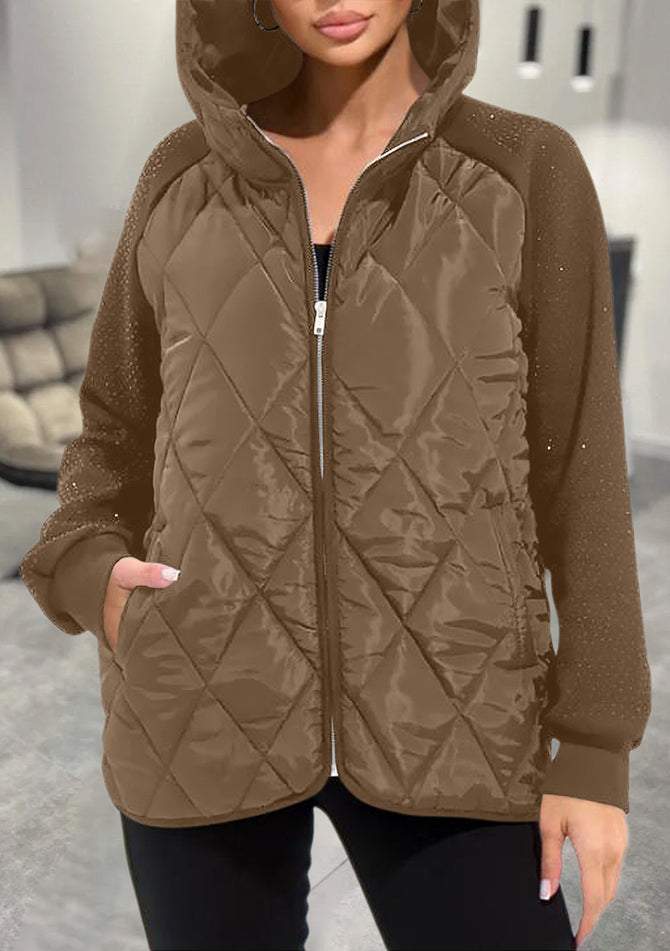Elegant Black Quilted Jacket for Women with Hooded Long Sleeve Rhinestone Trim Oversized Casual Style