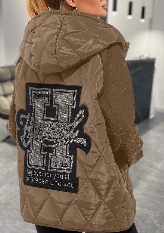 Elegant Black Quilted Jacket for Women with Hooded Long Sleeve Rhinestone Trim Oversized Casual Style