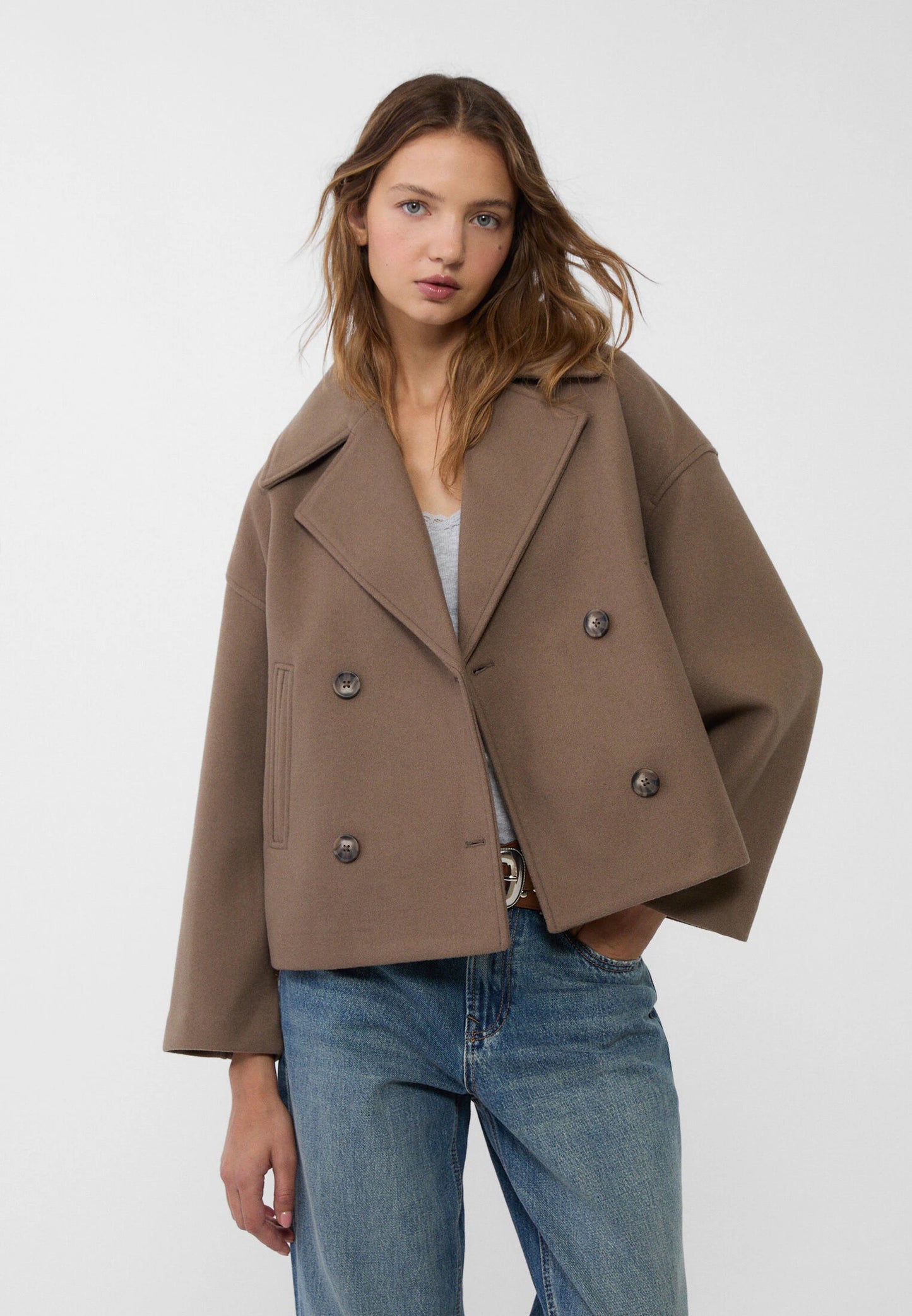 Elegant Wool Peacoat Jacket for Women with Notch Lapel Long Sleeve Double Breasted Cropped Oversized Style