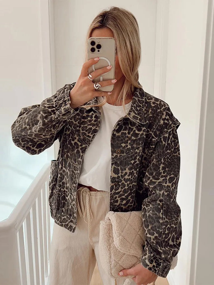 Stylish Leopard Print Cropped Denim Jacket for Women with Collar Long Sleeve Button Front Oversized Casual Style