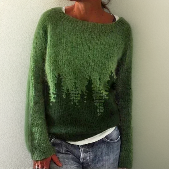 Comfortable Green Forest Print Sweater for Women with Crewneck Long Sleeve Relaxed Oversized Knit Style