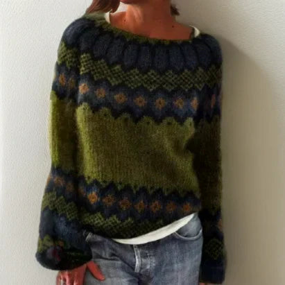 Comfortable Fair Isle Crewneck Sweater for Women with Long Sleeve Relaxed Oversized Knit Style