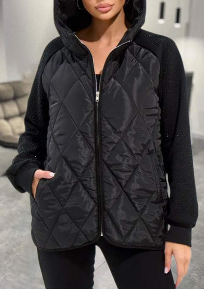 Elegant Black Quilted Jacket for Women with Hooded Long Sleeve Rhinestone Trim Oversized Casual Style