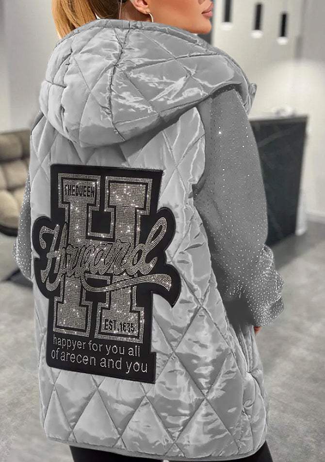 Elegant Black Quilted Jacket for Women with Hooded Long Sleeve Rhinestone Trim Oversized Casual Style