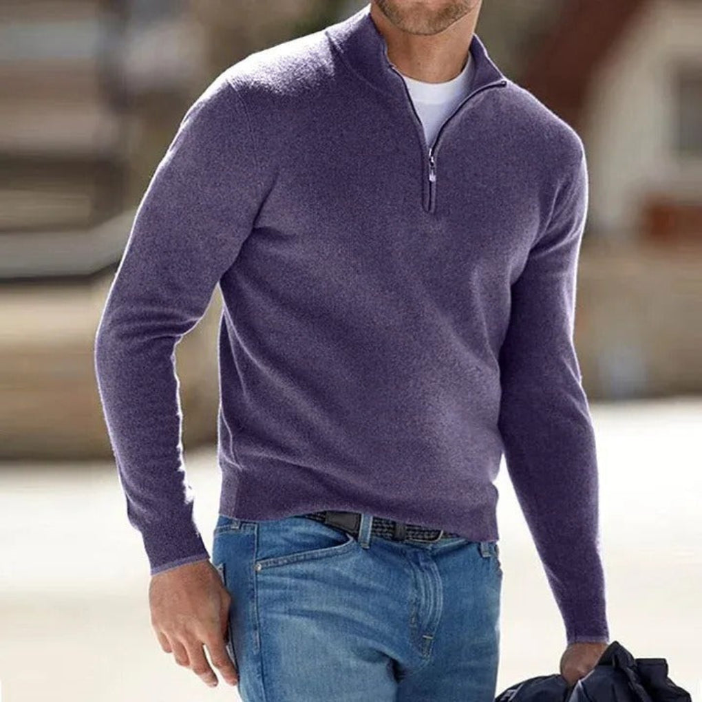 Cozy Knit Sweater for Men with Mock Neck Long Sleeve Quarter Zip Ribbed Classic Style