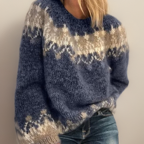 Comfortable Fair Isle Knit Sweater for Women with Crew Neck Long Sleeve Relaxed Oversized Casual Style