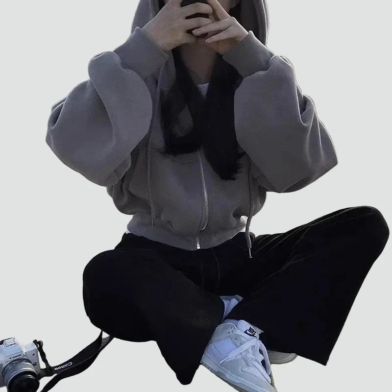 Comfortable Fleece Zip Up Hoodie for Women with Drawstring Hood Long Sleeve Cropped Oversized Casual Style