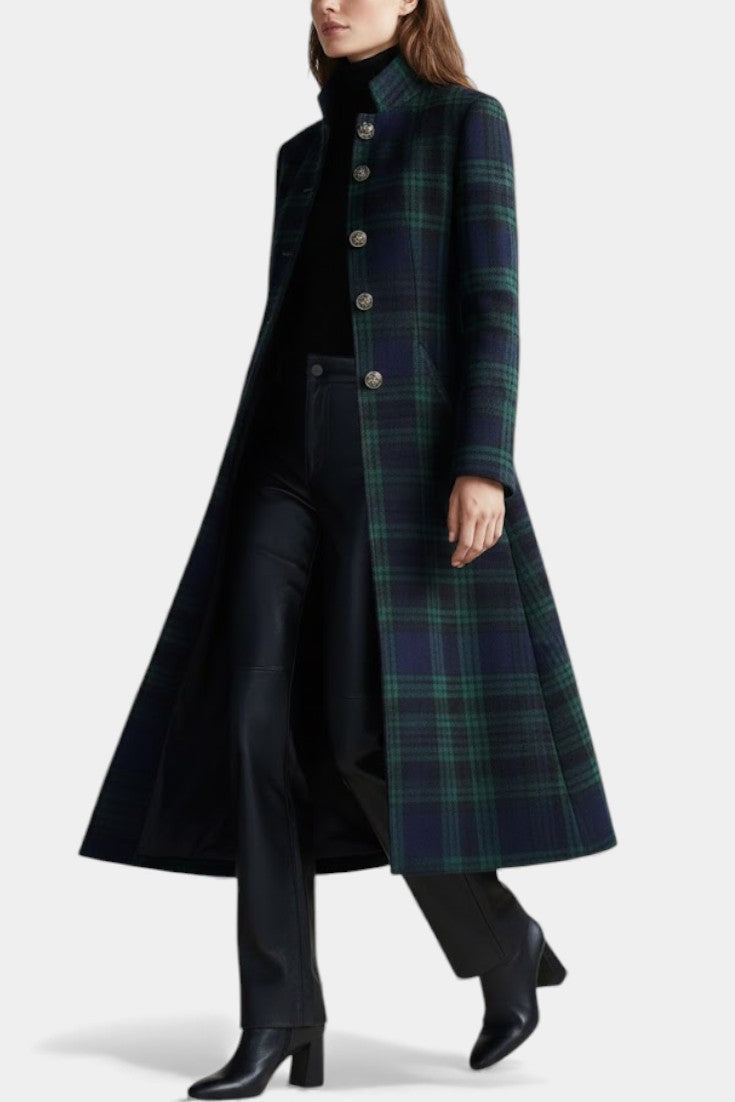 Elegant Green Plaid Wool Coat for Women with Stand Collar Long Sleeve Button Front Longline Style