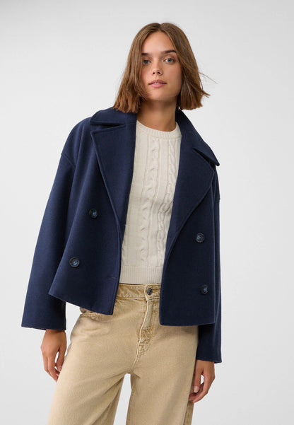 Elegant Wool Peacoat Jacket for Women with Notch Lapel Long Sleeve Double Breasted Cropped Oversized Style