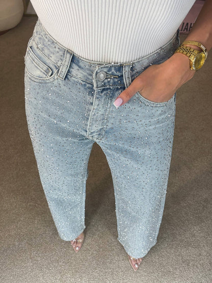 Elegant Blue Rhinestone Denim Jeans for Women with High Waist Wide Leg Sparkle Party Style