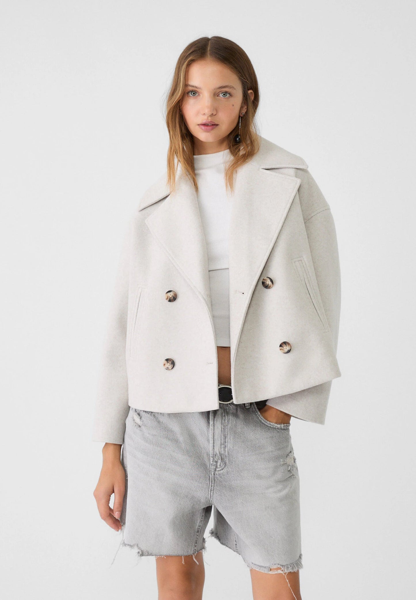 Elegant Wool Peacoat Jacket for Women with Notch Lapel Long Sleeve Double Breasted Cropped Oversized Style