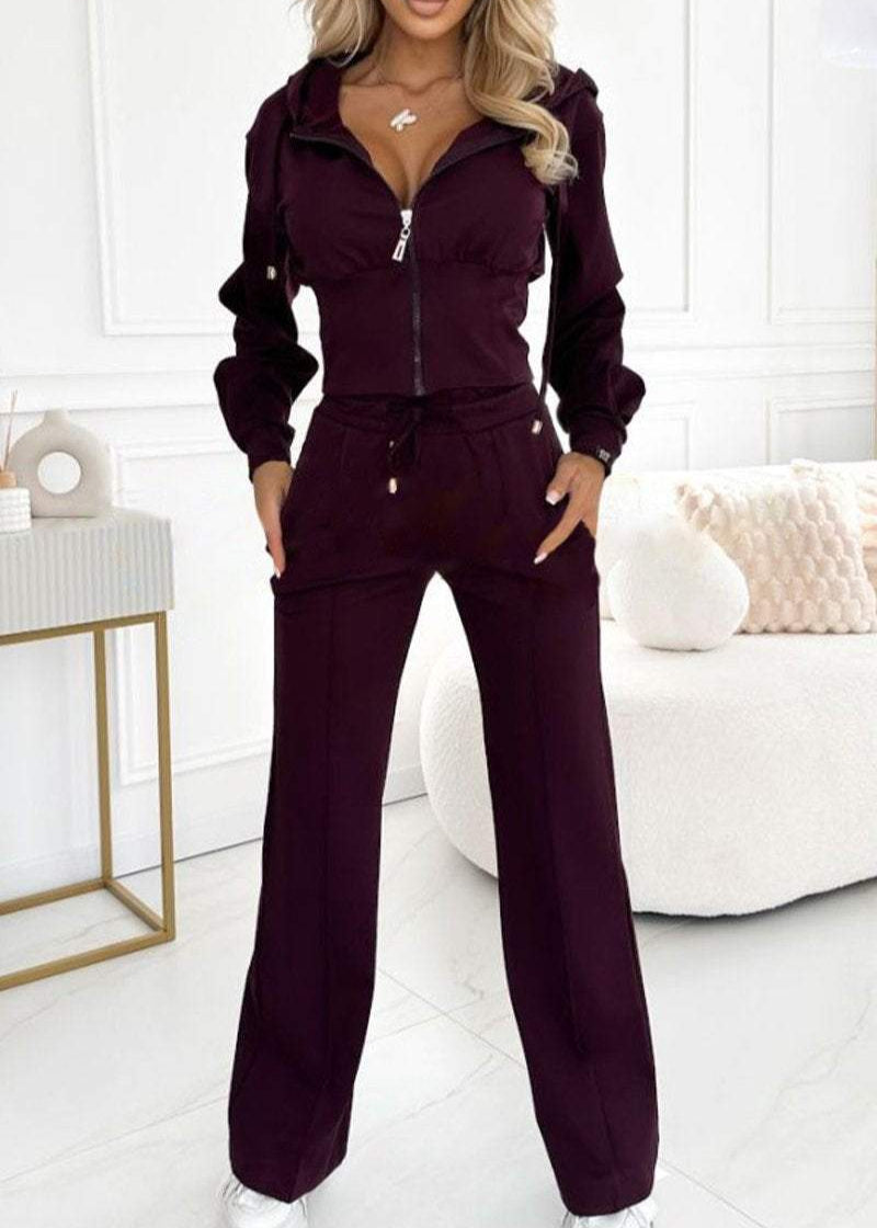 Effortless Fall Wide Leg Set for Women with Hooded Zip Front Cropped Jacket Two Piece Style