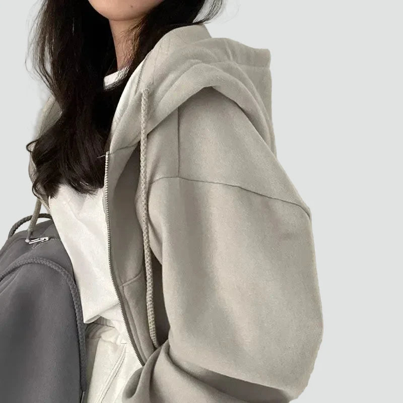 Comfortable Fleece Zip Up Hoodie for Women with Drawstring Hood Long Sleeve Cropped Oversized Casual Style
