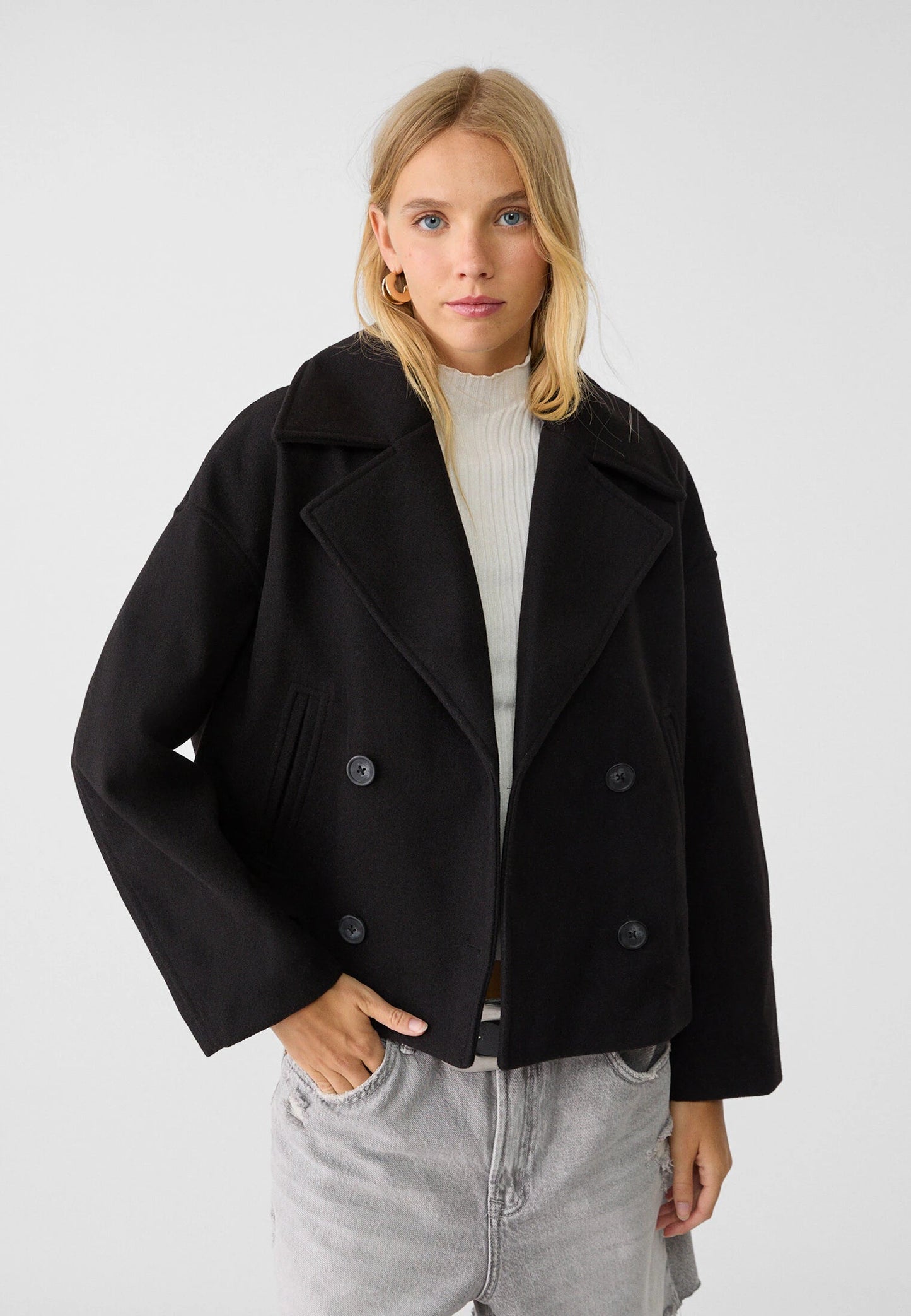 Elegant Wool Peacoat Jacket for Women with Notch Lapel Long Sleeve Double Breasted Cropped Oversized Style
