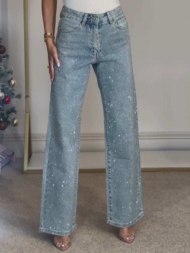 Elegant Blue Rhinestone Denim Jeans for Women with High Waist Wide Leg Sparkle Party Style