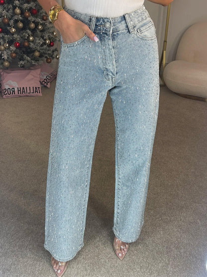 Elegant Blue Rhinestone Denim Jeans for Women with High Waist Wide Leg Sparkle Party Style
