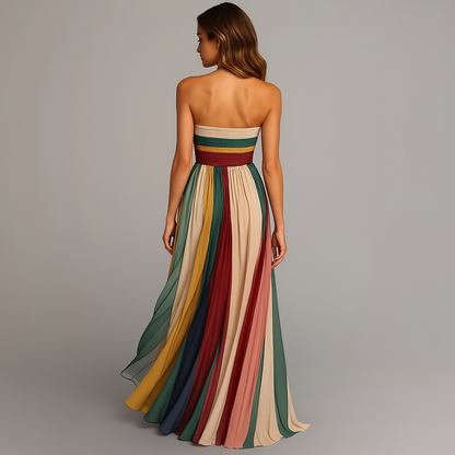 Elegant Multicolor Striped Maxi Dress for Women with Strapless Pleated Skirt Formal Wedding Guest Style