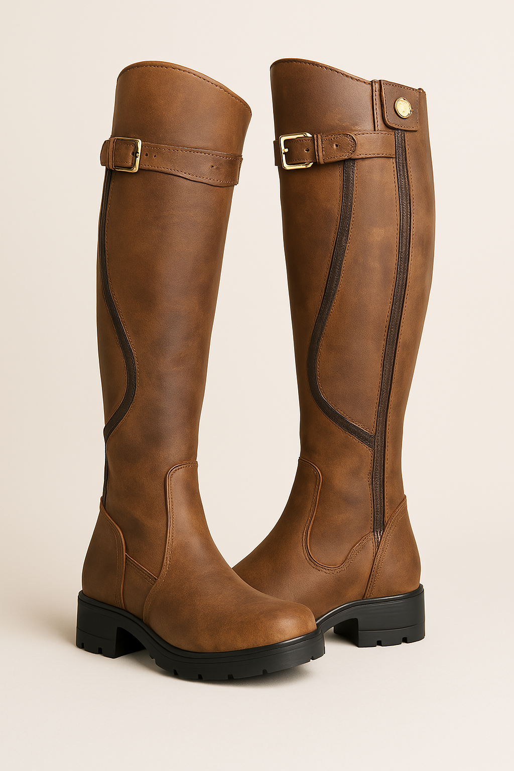 Chic Knee High Boots for Women with Buckle Strap Block Heel Round Toe Tall Riding Style