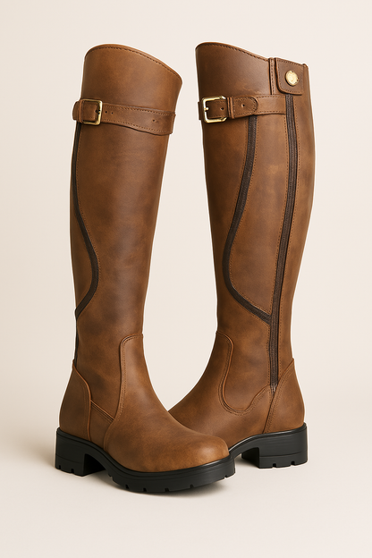 Chic Knee High Boots for Women with Buckle Strap Block Heel Round Toe Tall Riding Style