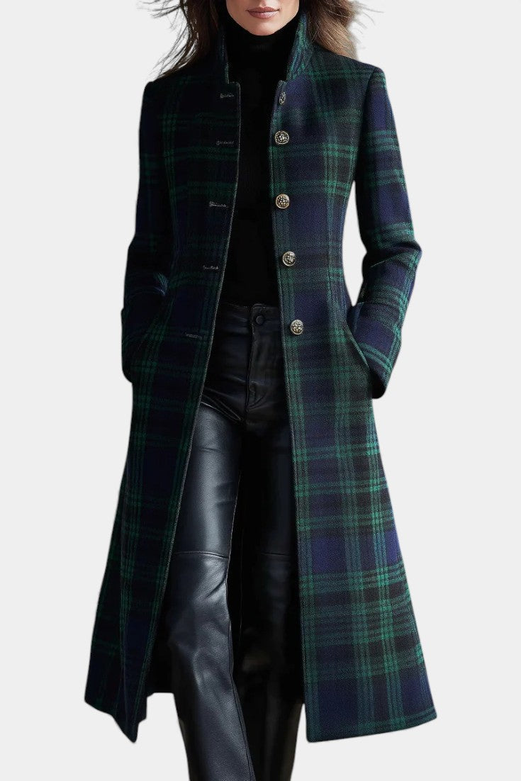 Elegant Green Plaid Wool Coat for Women with Stand Collar Long Sleeve Button Front Longline Style