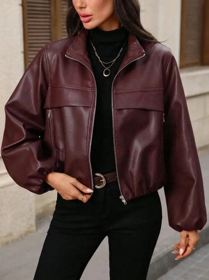 Effortless Leather Jacket for Women with Spread Collar Long Sleeve Zip Front Cropped Style