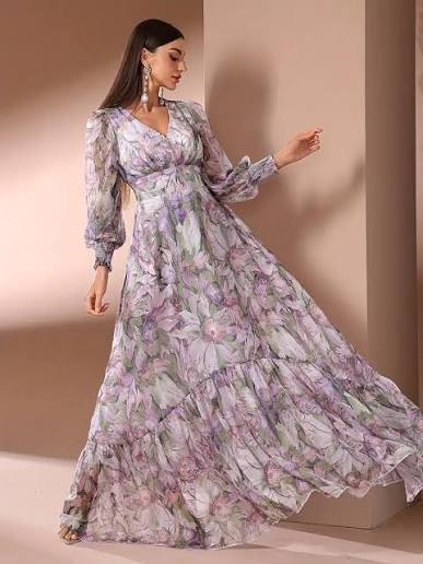 Women's Floral Print Maxi Evening Party Dress - Elegant Long Sleeve